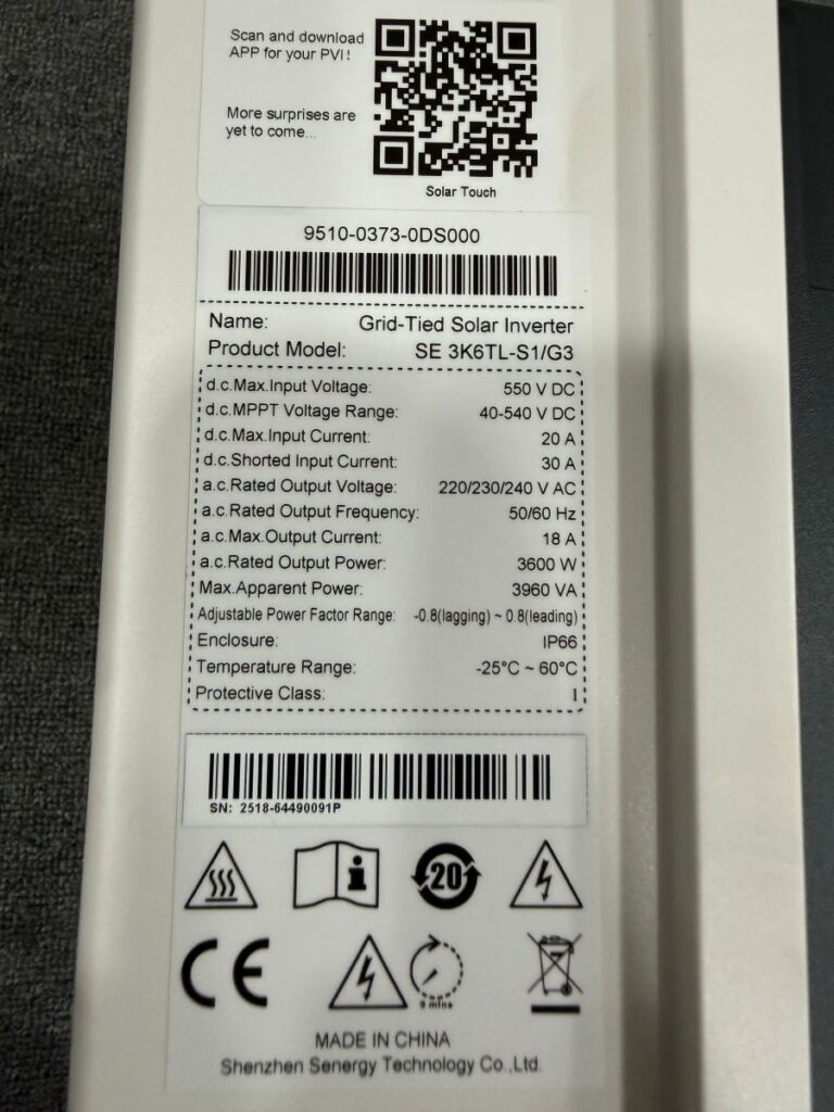 Tem thông số kỹ thuật của Inverter hòa lưới 3.6kW SENERGY SE 3K6TL-S1/G3 Tem thông số kỹ thuật của Inverter hòa lưới 3.6kW SENERGY SE 3K6TL-S1/G3