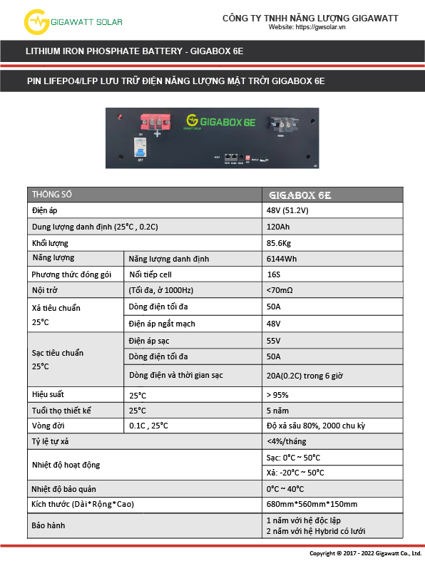 Thông số kỹ thuật của Pin lưu trữ LiFePo4 6Kwh GIGABOX 6E