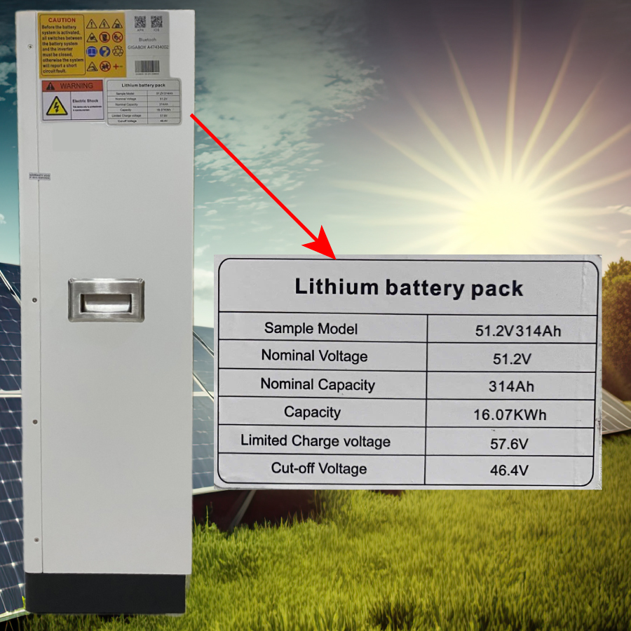 Tem thông số kỹ thuật của pin lưu trữ 15.61kWh Tem thông số kỹ thuật của pin lưu trữ Gigabox16kWh