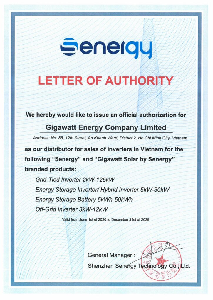 Chứng nhận đại lý Senergy của Gigawatt