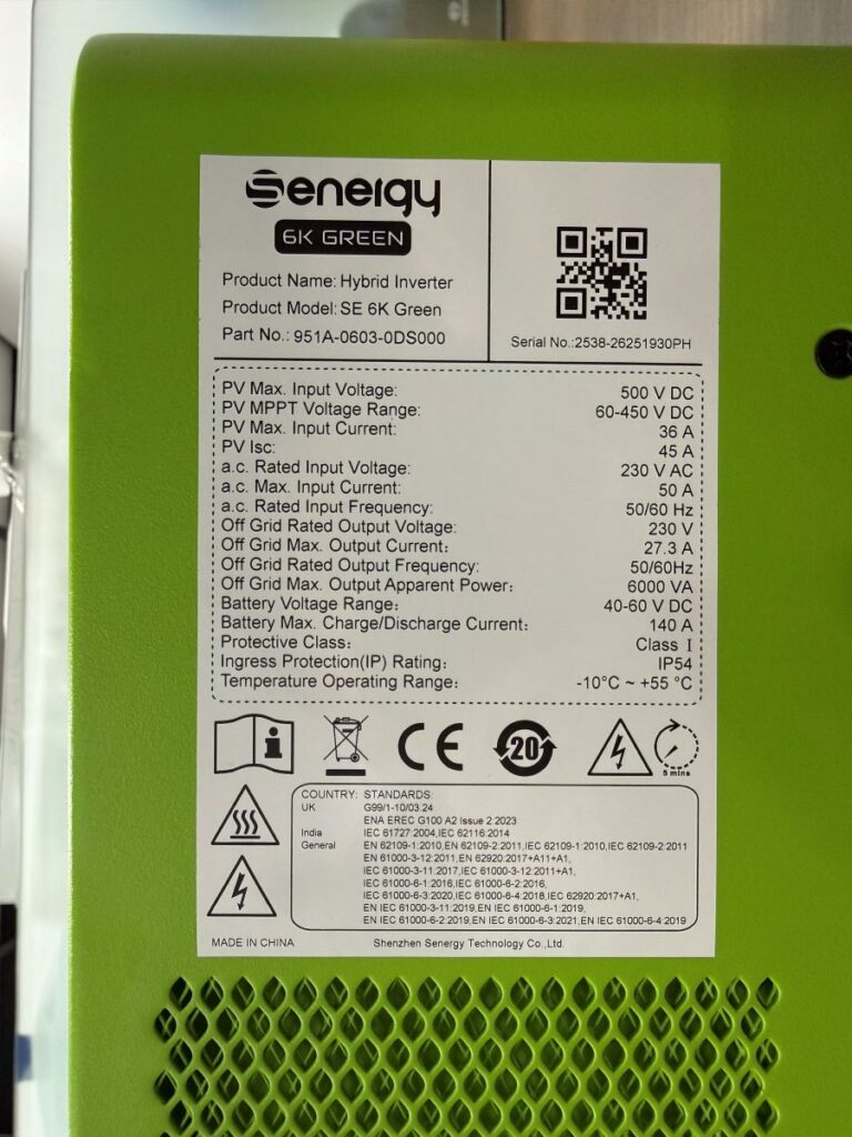 Tem thông số kỹ thuật của Inverter Hybrid Senergy 6kW 6K GREEN