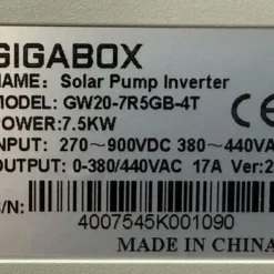 Tem thông số của biến tần bơm năng lượng mặt trời 3 pha 7.5kW Gigabox