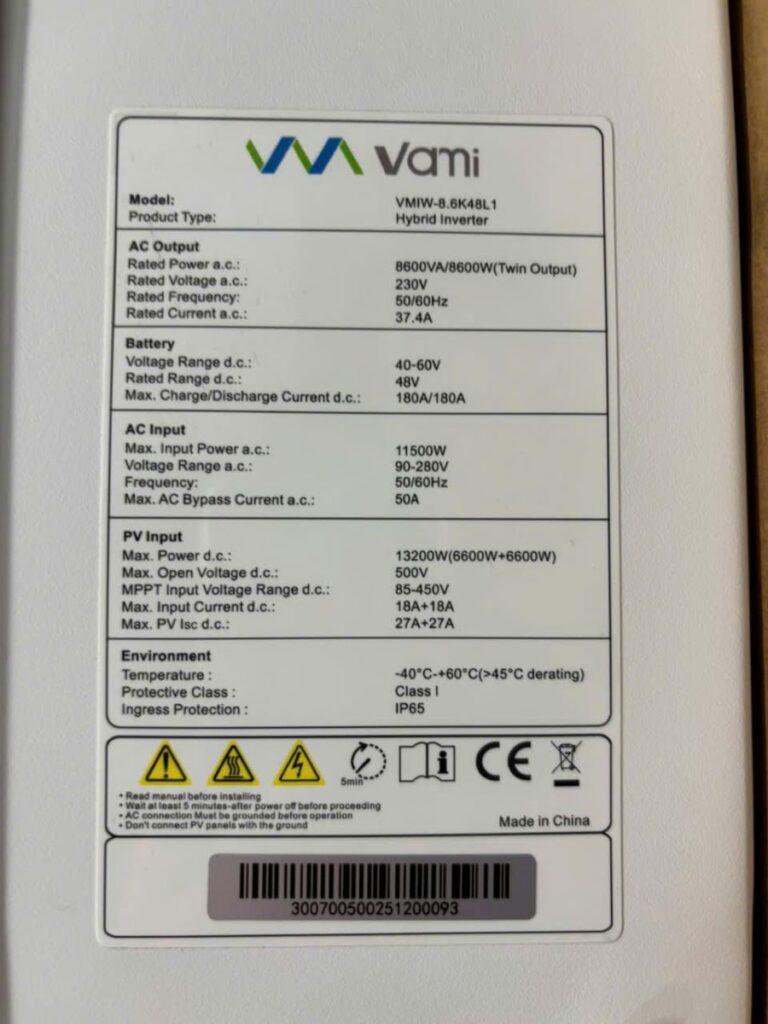 Tem thông số kỹ thuật của Inverter Vami 8.6kW