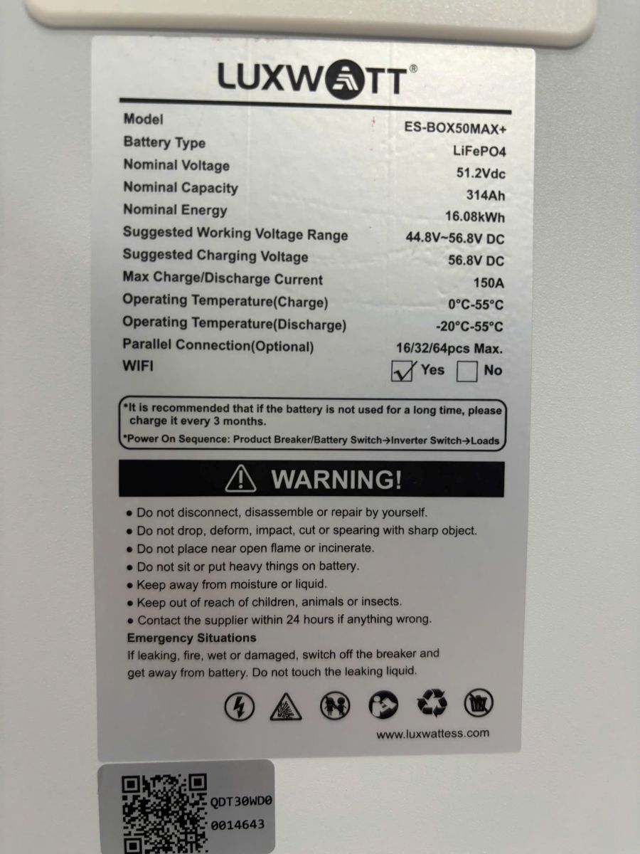 Tem thông số kỹ thuật của Pin lưu trữ 314Ah Luxwatt bảo hành 5 năm Tem thông số kỹ thuật của Pin lưu trữ 314Ah Luxwatt bảo hành 5 năm
